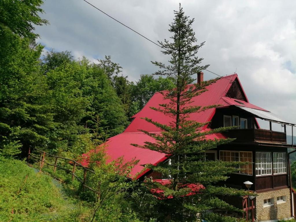 una casa de techo rojo con un árbol delante de ella en Willa Wiślok en Wisła