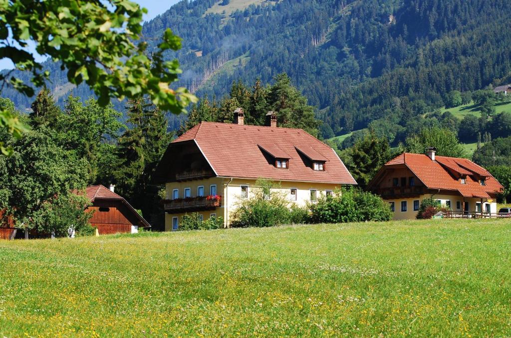 a large house in a field with mountains in the background at Klieber - Urlaub am Biobauernhof in Millstatt