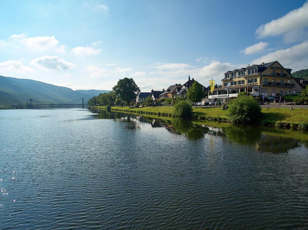 une rivière avec des maisons et un pont en arrière-plan dans l'établissement Sonnenuhr, à Bernkastel-Kues