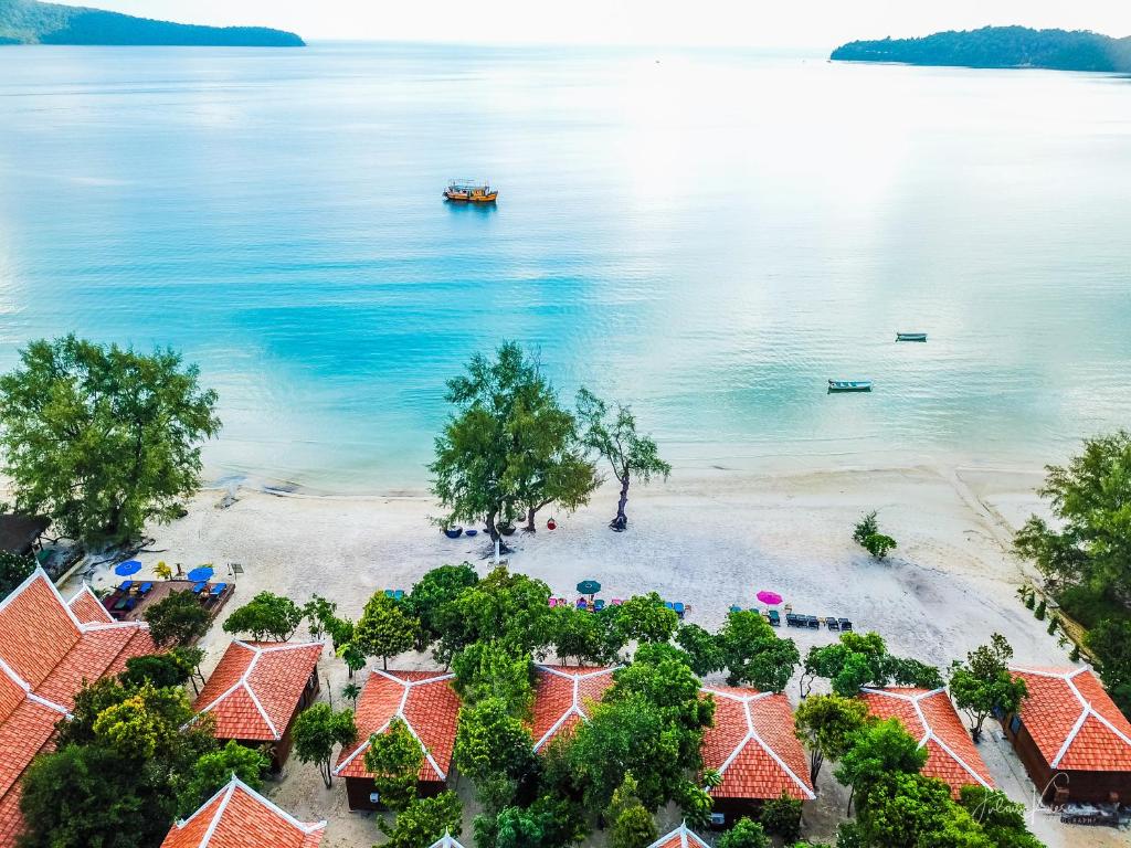 an aerial view of the beach at the resort at Sol Beach Resort in Koh Rong Sanloem