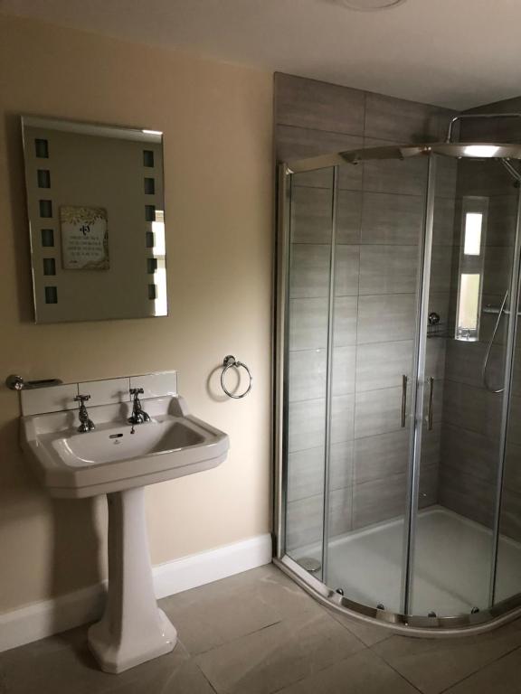 a bathroom with a sink and a shower at Skellig View House in Waterville