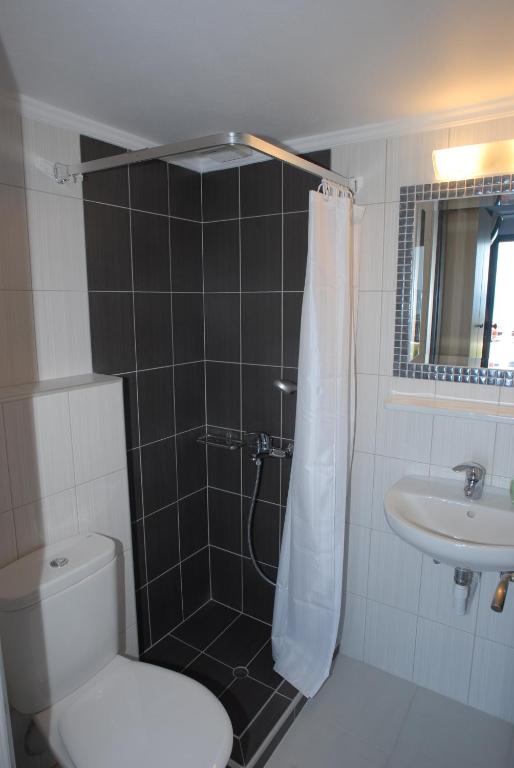 un bagno con doccia, WC e lavandino di Irene ROOMS & STUDIOS PETRA a Pétra