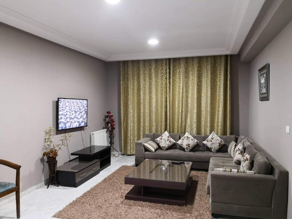 a living room with a couch and a tv at Le luxe du Lac 2 in Berges Du Lac