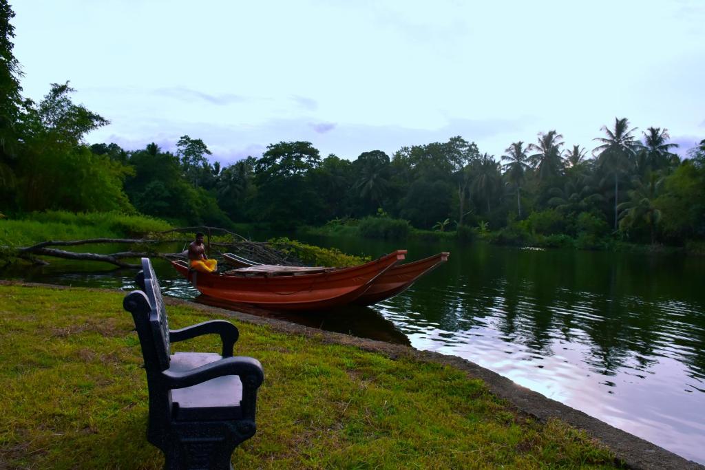 a boat sitting on the grass next to a lake at splendid lake view safari lodge in Udawalawe