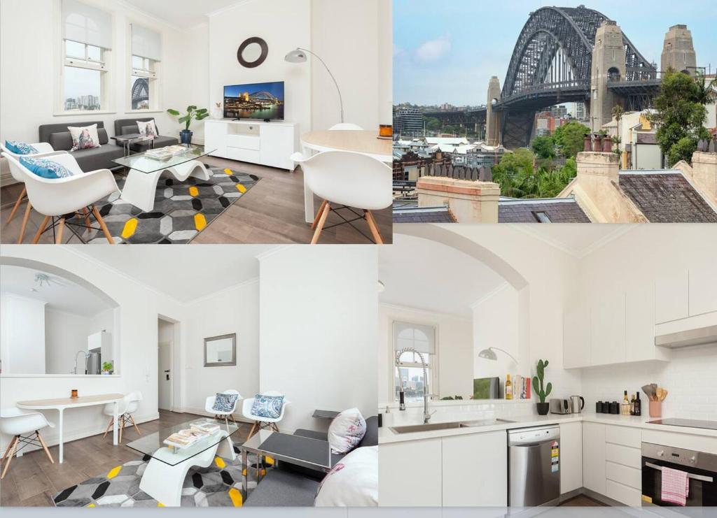 un collage di foto di una cucina e di un soggiorno di STUNNING SYDNEY HOME 9 a Sydney