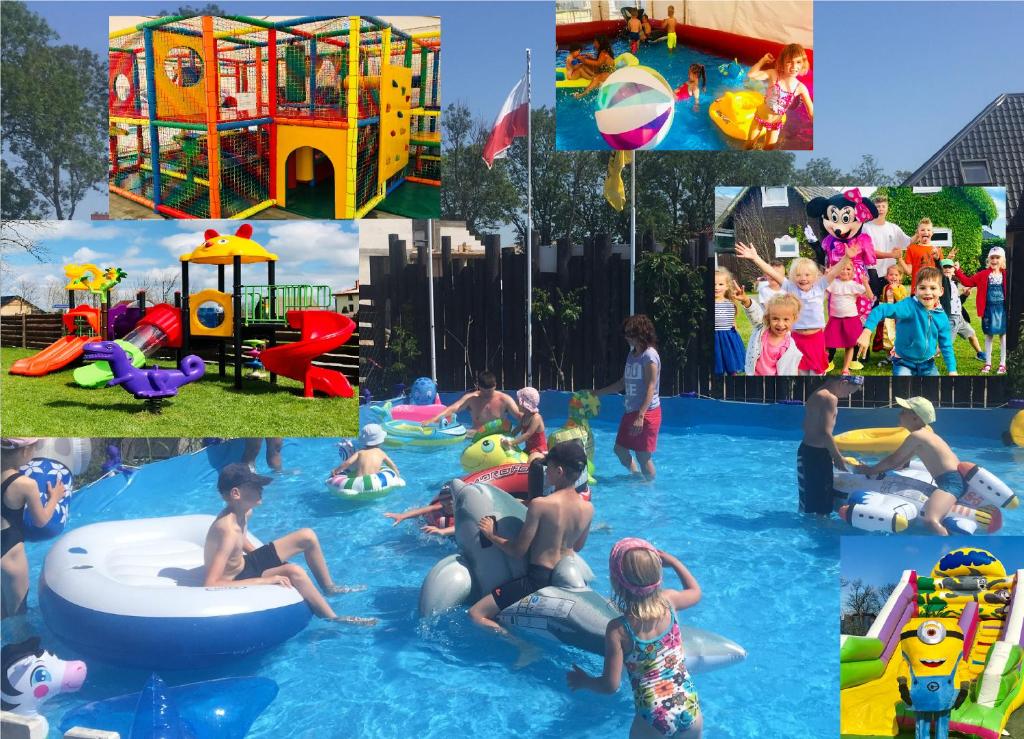 a collage of photos of children playing in a swimming pool at Domki i Apartamenty Całoroczne Koliber in Władysławowo