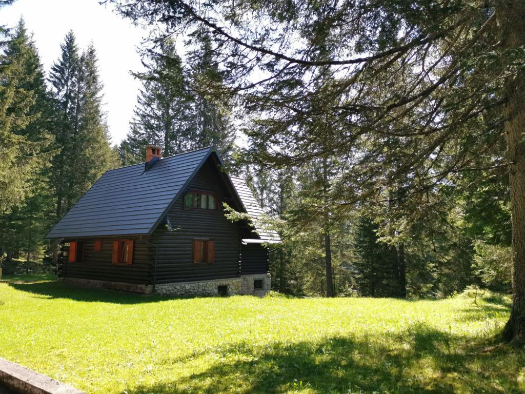 a small cabin in a field with trees at Chalet Stara Jelka Pokljuka in Zgornje Gorje