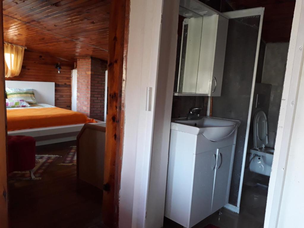 1 dormitorio con 1 cama y lavamanos en una habitación en Side Tuana Garden Home, en Side