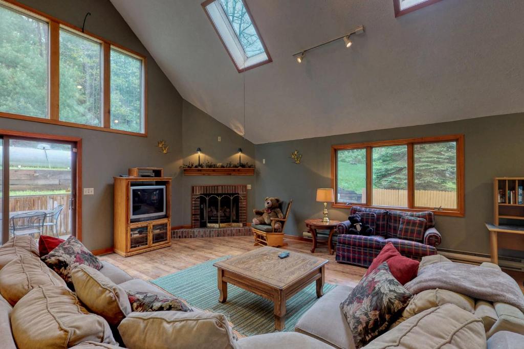a living room with a couch and a fireplace at Gravelly Run Lodge in McHenry