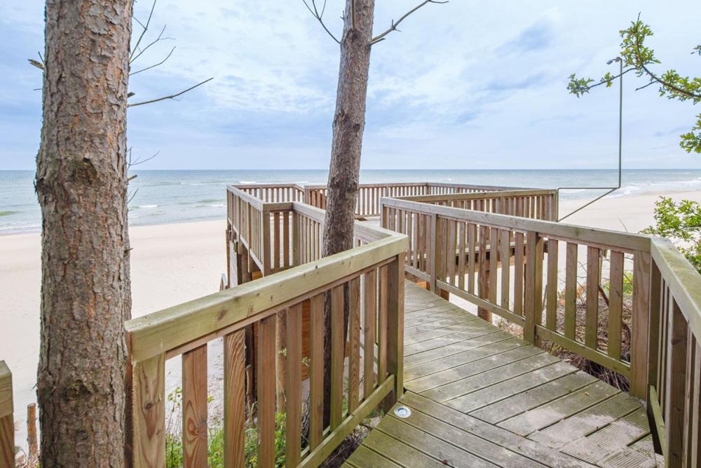 a wooden walkway to the beach with two trees at Villa Dune in Sarbinowo