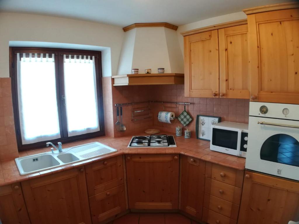 a kitchen with wooden cabinets and a sink and a microwave at CASA BRENZ in Madonna di Campiglio