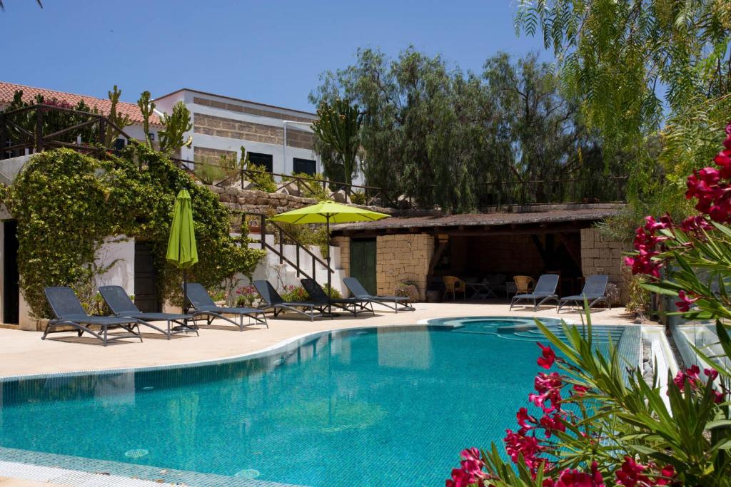 a swimming pool with chairs and umbrellas and flowers at La Malvasía in Arico Viejo