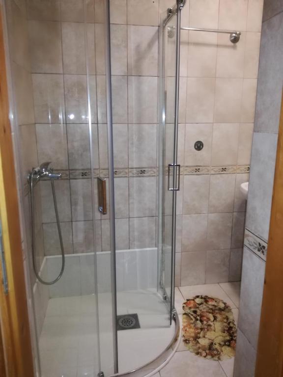 布德瓦Guest House Vila Bak的浴室里设有玻璃门淋浴