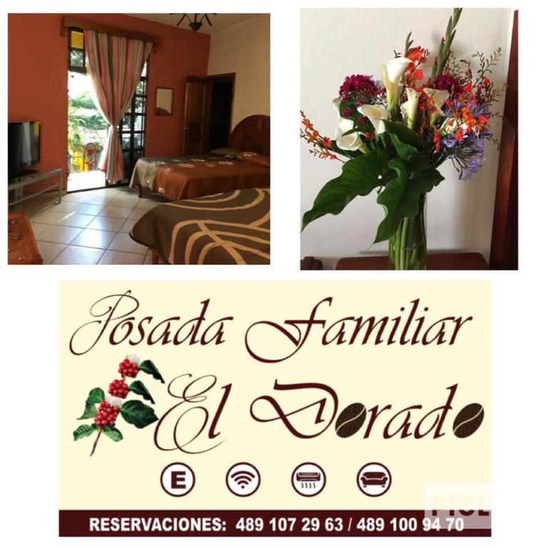 un collage de dos fotos de una habitación con un jarrón de flores en Posada Familiar El Dorado, en Xilitla