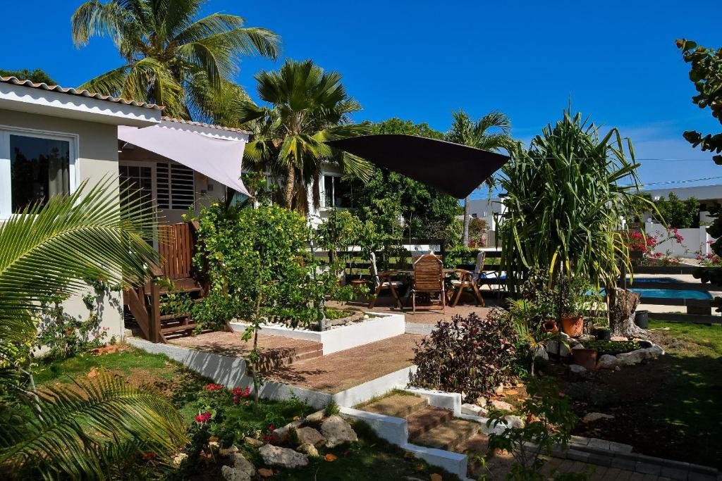 een huis met een patio met planten en een parasol bij Jan Thiel Garden Apartement in Jan Thiel