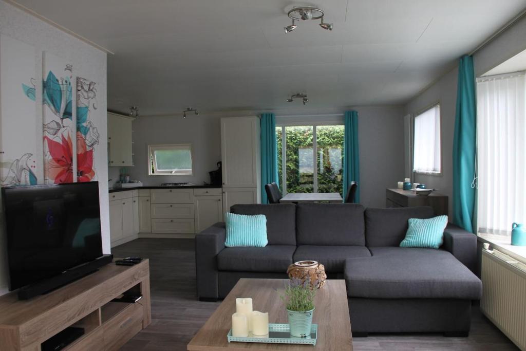 een woonkamer met een bank en een tv bij Modern en compleet chalet 22-15 in Putten