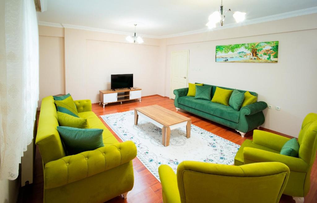 a living room with two green couches and a tv at Cayeli Kent Apart in Cayeli