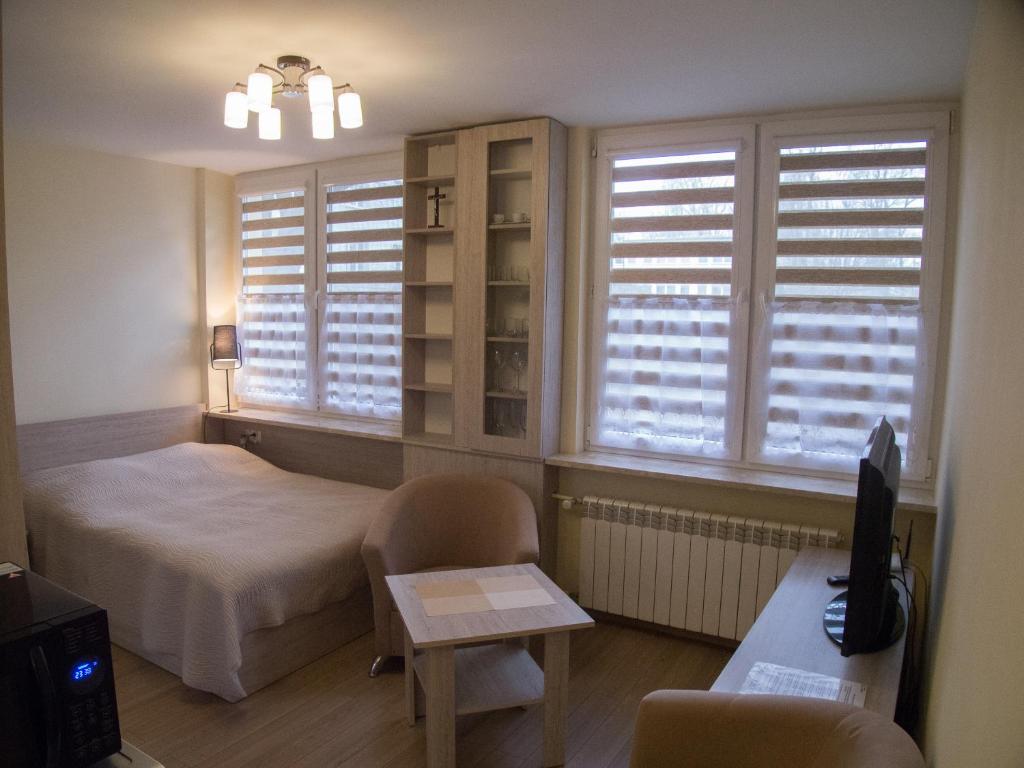 a bedroom with a bed and a desk and windows at Studio Park Saski 1 & 2 in Sandomierz