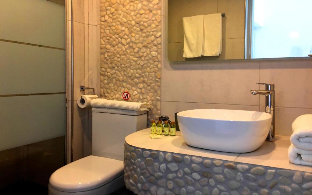 a bathroom with a sink and a toilet at Ariana Eco Suites Adults Only in Fira