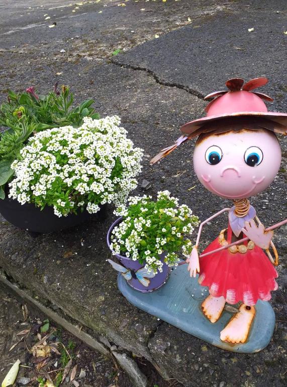 a figurine of a girl is sitting on a rock next to flowers at Nick & Sandra's in Slane