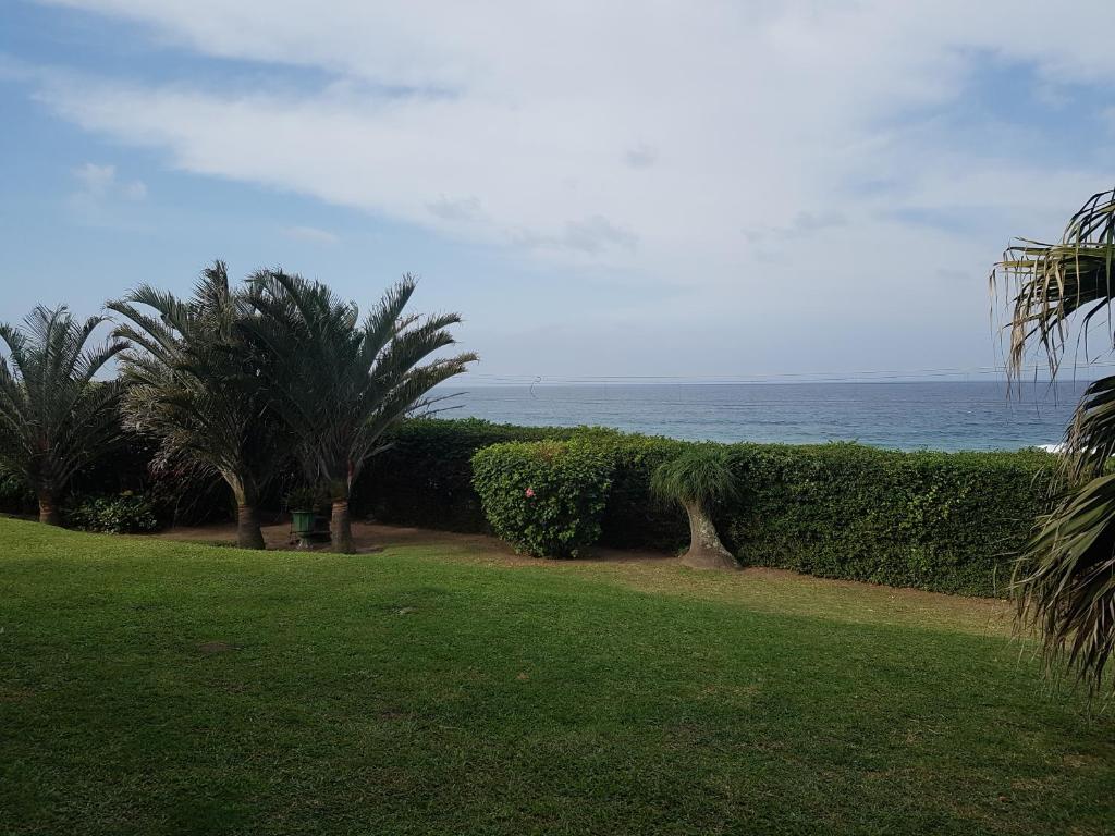 een tuin met palmbomen en de oceaan op de achtergrond bij The Seaside in Scottburgh