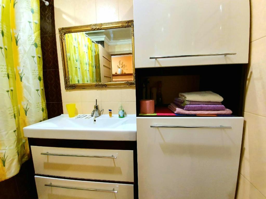 uma casa de banho com um lavatório e um espelho em Apartment Ushakova 16 em Dnipro