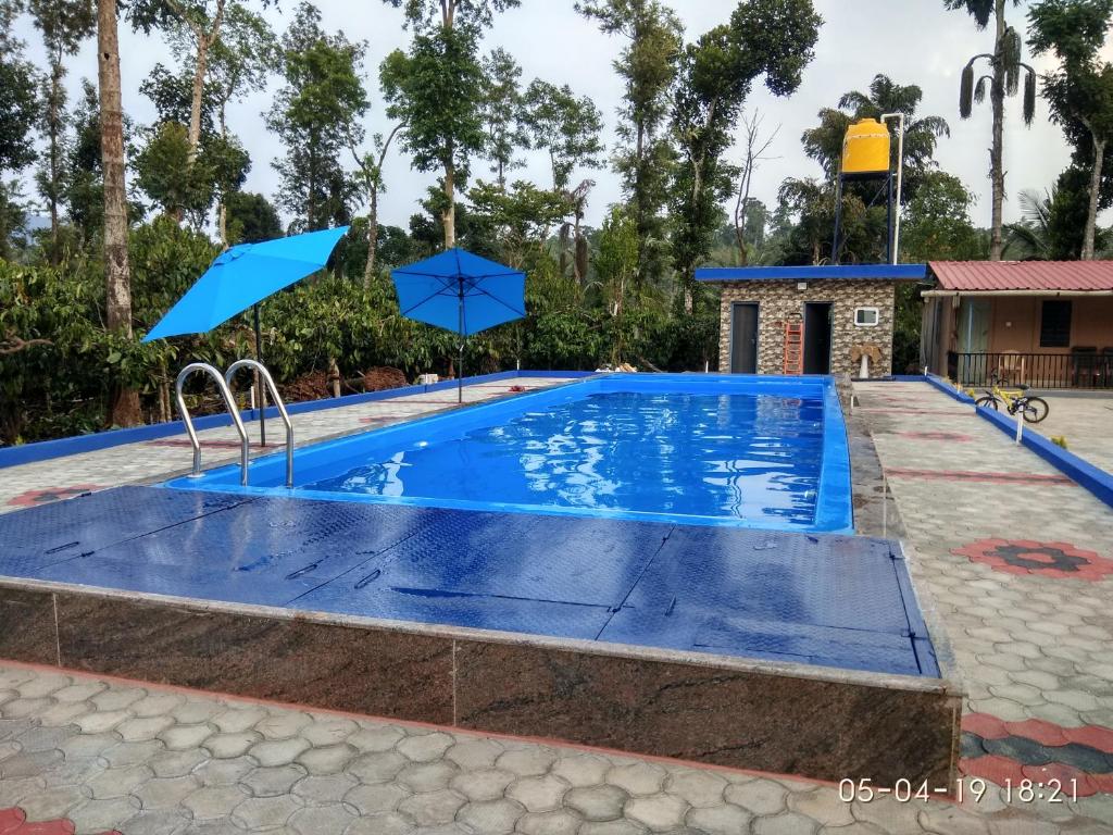 a pool with blue water and blue umbrellas at Giri Darshini Homestay - Simple Rooms with Pool & Private Falls in Chikmagalūr