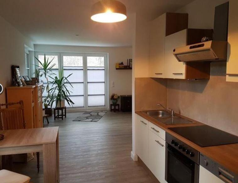 a kitchen with a sink and a counter top at Darßer Strandgut - Haus Ahrenshooper Holz in Ahrenshoop