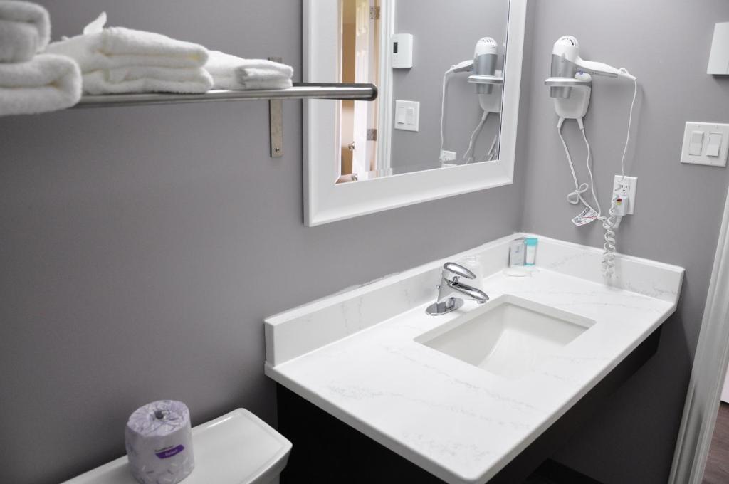 ein Badezimmer mit einem Waschbecken, einem Spiegel und einem WC in der Unterkunft Moonlight Inn and Suites Sudbury in Sudbury