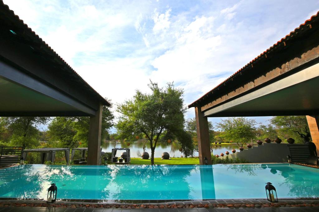 a large swimming pool with two birds in the water at Palala Boutique Game Lodge and Spa in Tom Burke