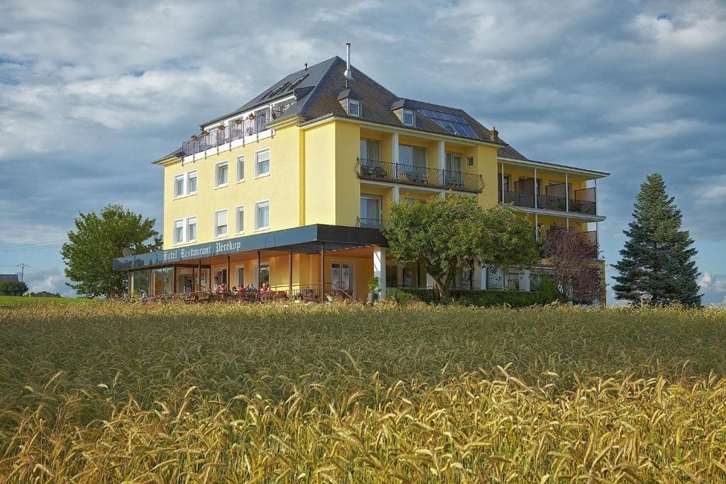 a yellow building on top of a grass field at Hotel Perekop in Berdorf