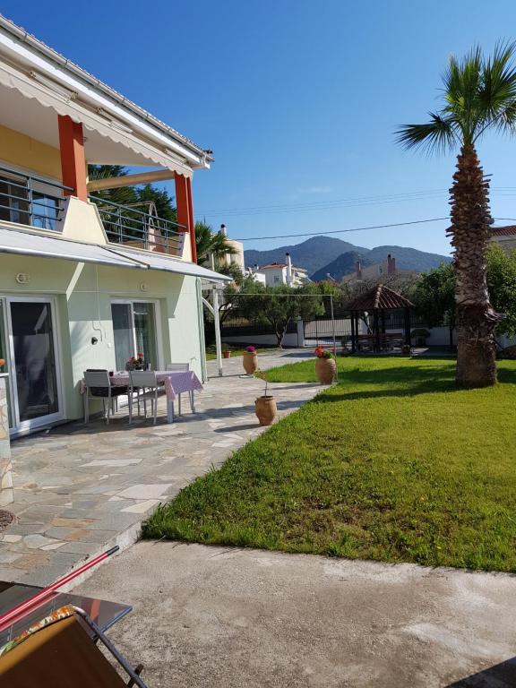 a house with a palm tree and a patio at Nautilus in Iraklitsa