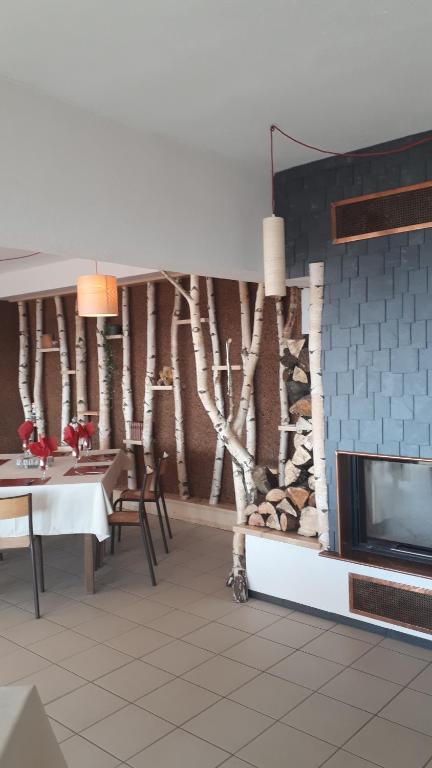 a dining room with a fireplace and a table and a tv at Les ô welches côté lac in Orbey