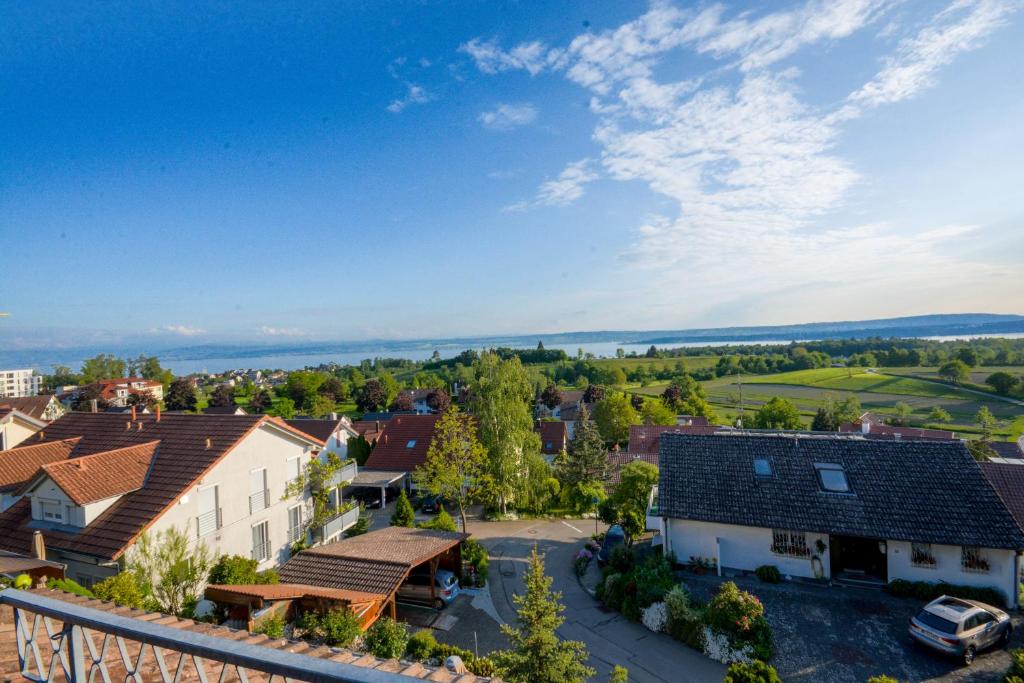 uma vista aérea de uma pequena cidade com casas em Das Nest am Wohrenberg em Daisendorf