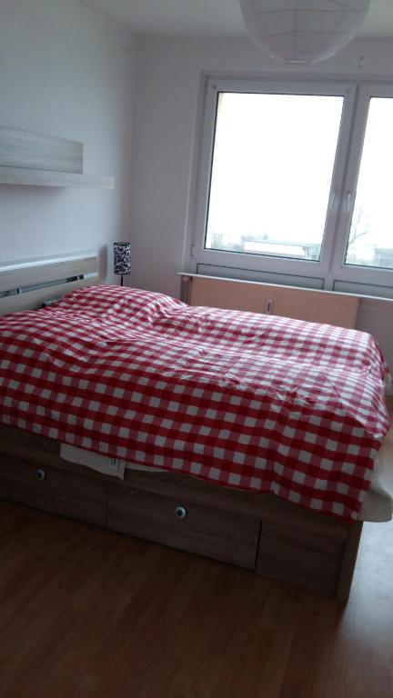um quarto com uma cama com um cobertor xadrez vermelho e branco em Natur-Freude-19p em Kotzen