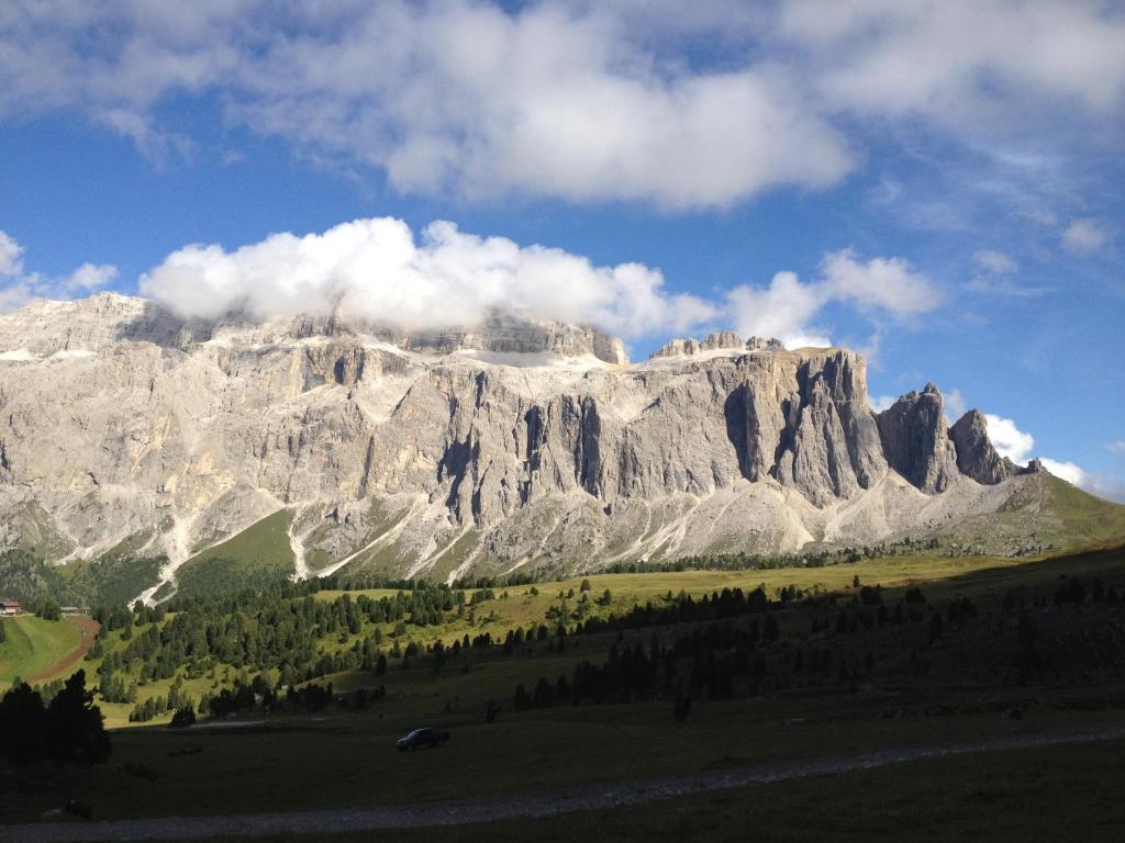 a large mountain in the middle of a field at Agriturismo Maso Larciunei in Selva di Val Gardena