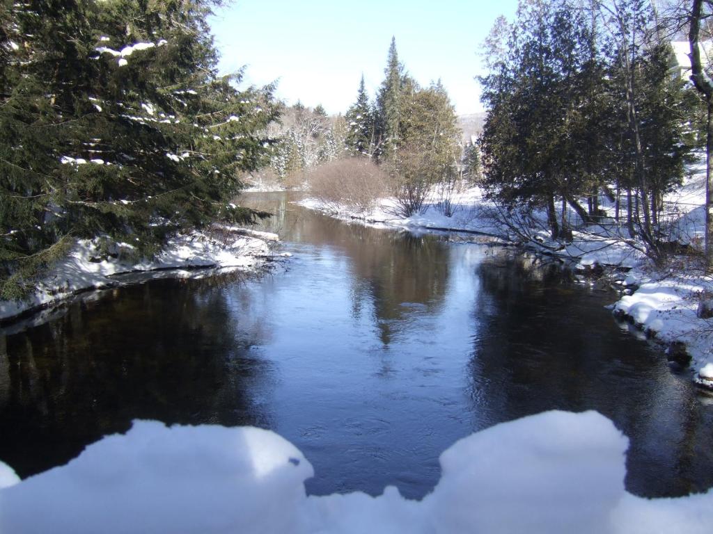 a river covered in snow with trees and snow at Auberge Le Lupin-Self Check-in in Mont-Tremblant