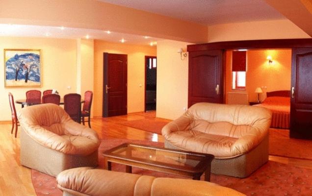 Sala de estar con 2 sofás y mesa en Hotel Maria, en Râmnicu Vâlcea
