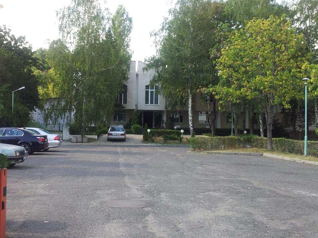 een parkeerplaats met auto's voor een gebouw bij Hostel Elena in Sofia
