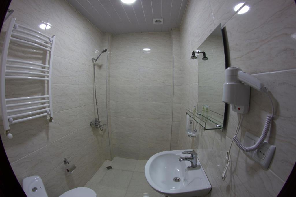 un bagno con doccia e lavandino di Hotel Beni a Akhaltsikhe