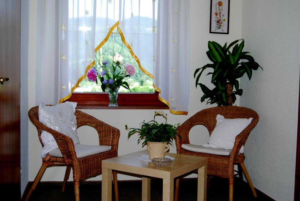 two chairs and a table and a window with flowers at Pension Ehrenfried - Hotel garni in Kindberg