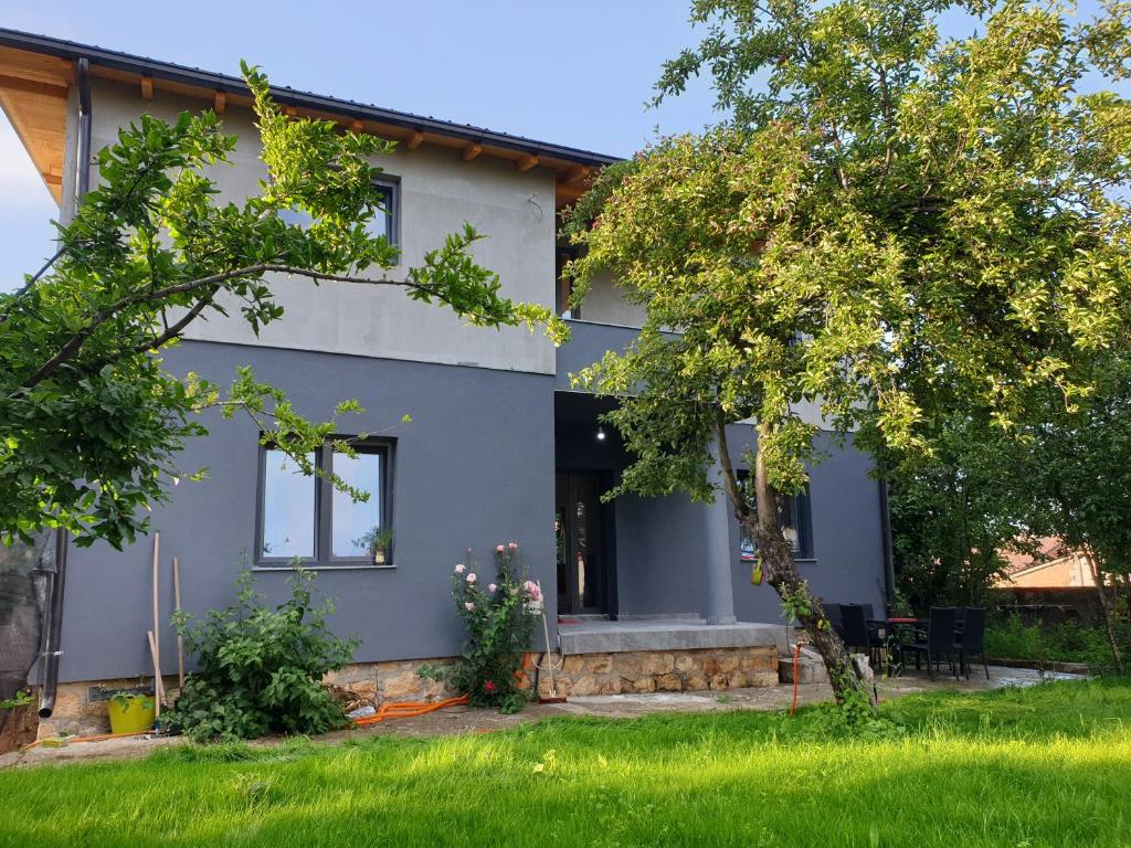 a gray house with a lawn in front of it at Bora in Peje