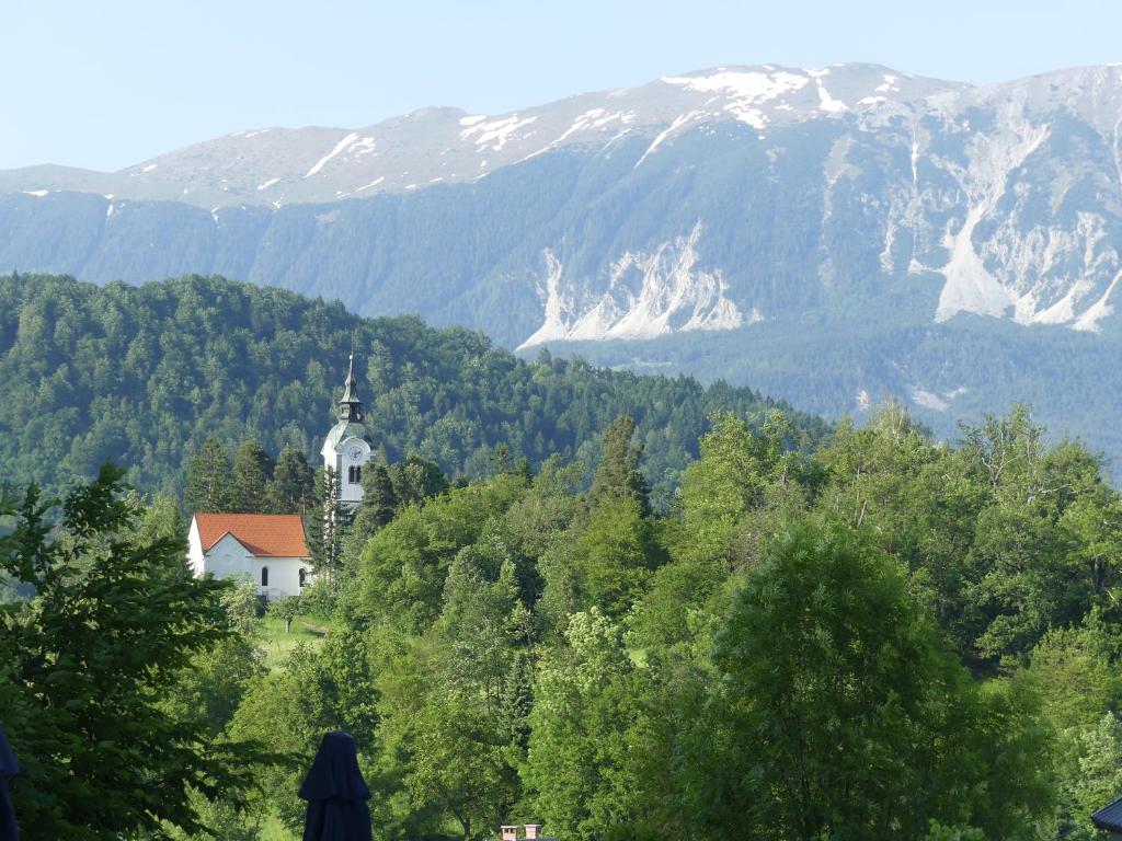una iglesia en una colina con montañas en el fondo en Apartmaji Baron, en Bled