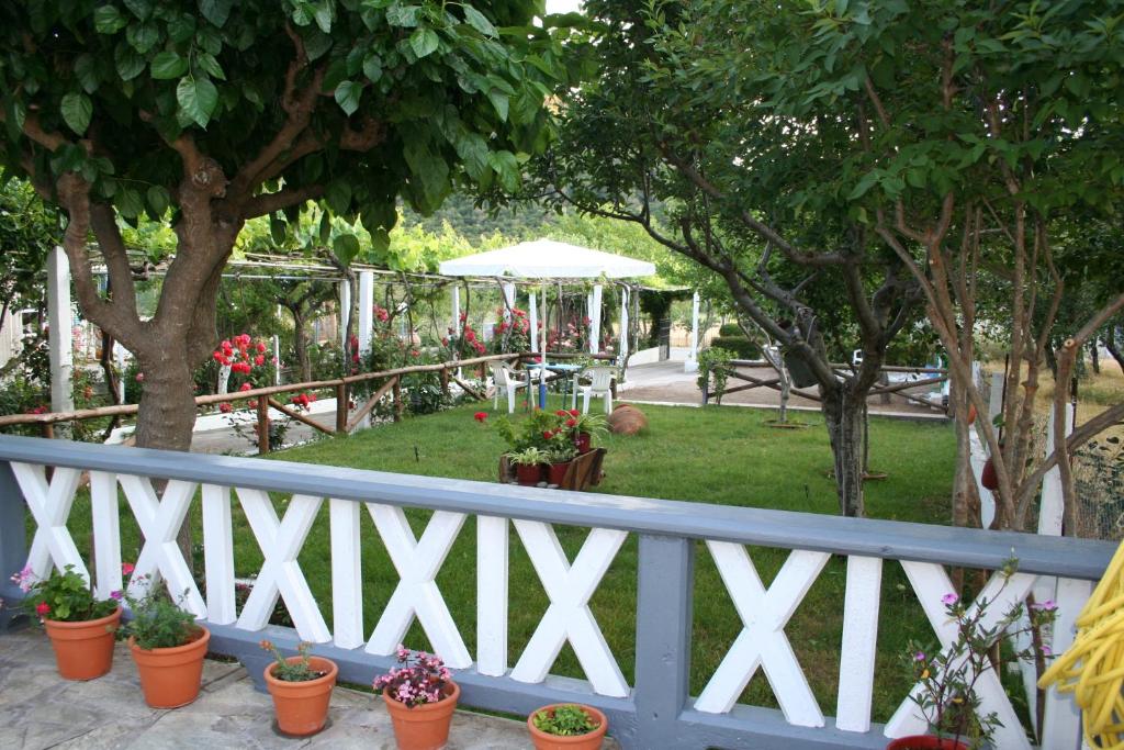 einen weißen Zaun mit Topfpflanzen und Bäumen in der Unterkunft Alexandra Studios in Stafylos