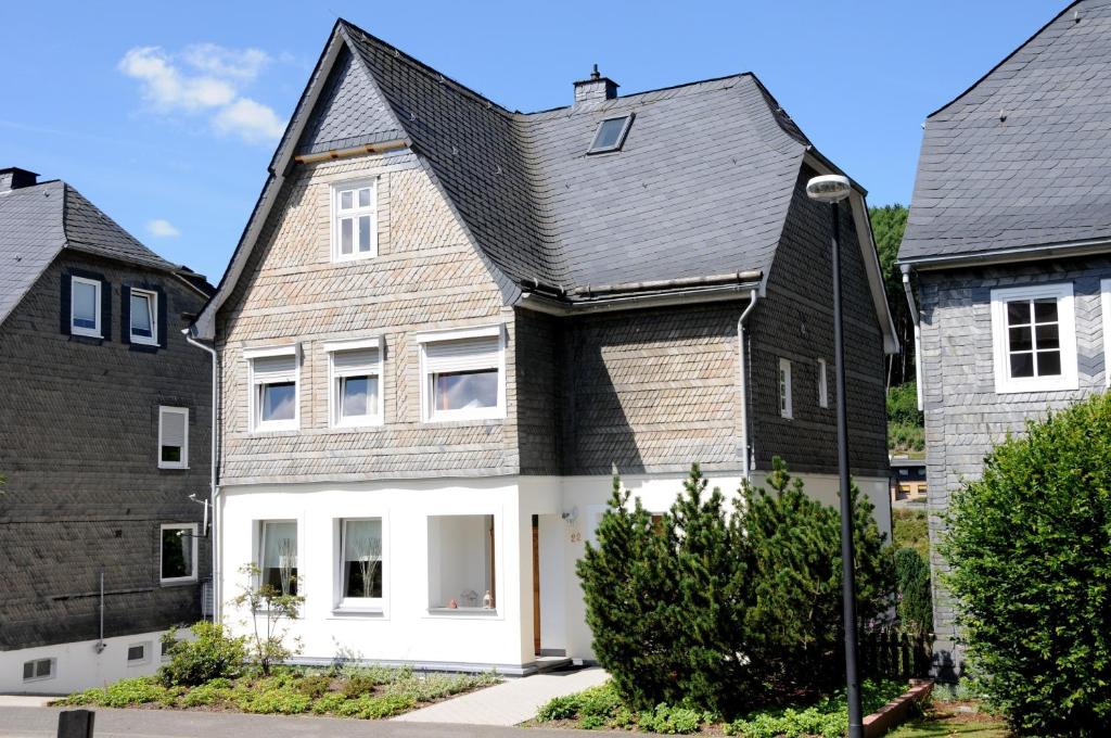 una casa en blanco y negro con techo gris en Villa Sorpe, en Winterberg