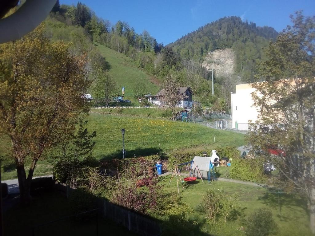 Un groupe de personnes dans une cour avec une colline dans l'établissement Ferienwohnung ELSA, à Immenstadt