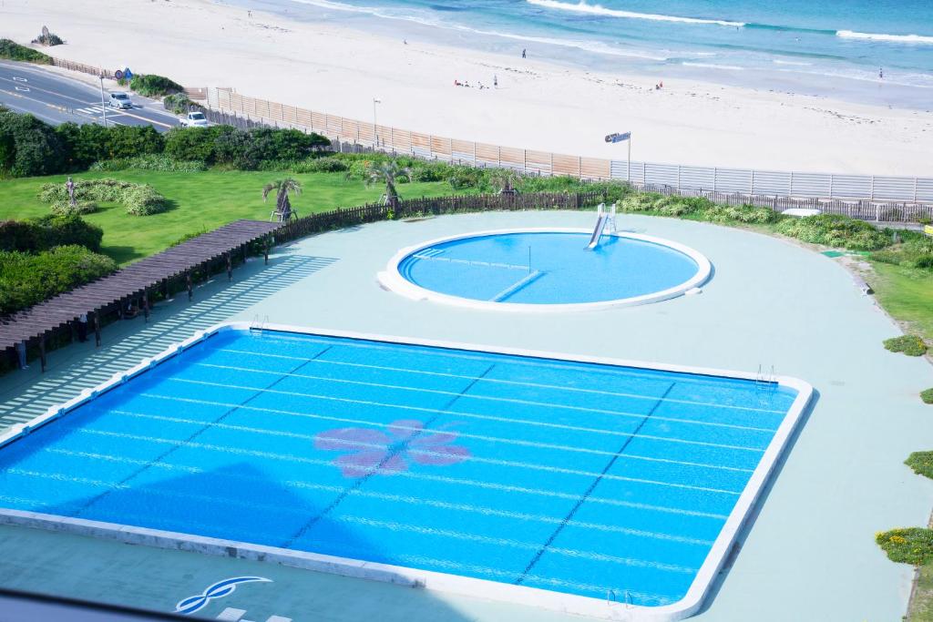 an overhead view of a swimming pool next to the beach at Hotel Izukyu in Shimoda