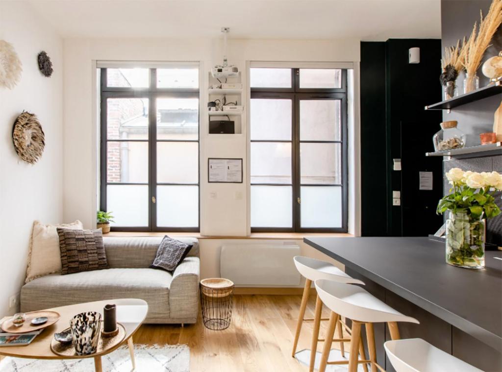 a living room with a couch and a table at Madame rêve, l'esquermoise in Lille