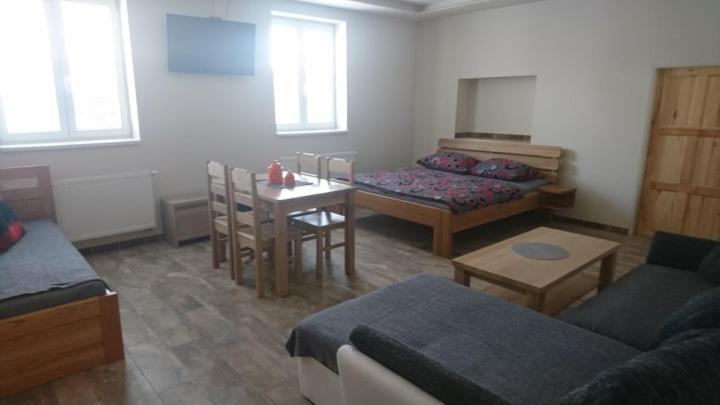 ein Wohnzimmer mit einem Sofa und einem Tisch in der Unterkunft Business apartmán in Žamberk