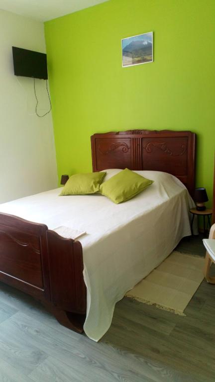 uma cama num quarto com uma parede verde em ESCALE REUNIONNAISE em Chirac